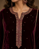 Wine Velvet Embroidered Gharara Set with Printed Dupatta