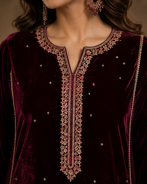 Wine Velvet Embroidered Gharara Set with Printed Dupatta