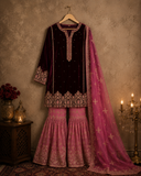 Wine Velvet Embroidered Gharara Set with Printed Dupatta