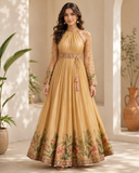 Mustard Floral Border Halter Neck Anarkali Gown Set