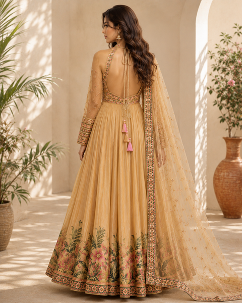 Mustard Floral Border Halter Neck Anarkali Gown Set