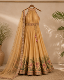 Mustard Floral Border Halter Neck Anarkali Gown Set