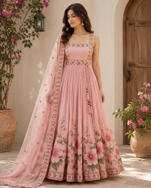 Pink Hibiscus Floral Print Anarkali Suit Set with Dupatta