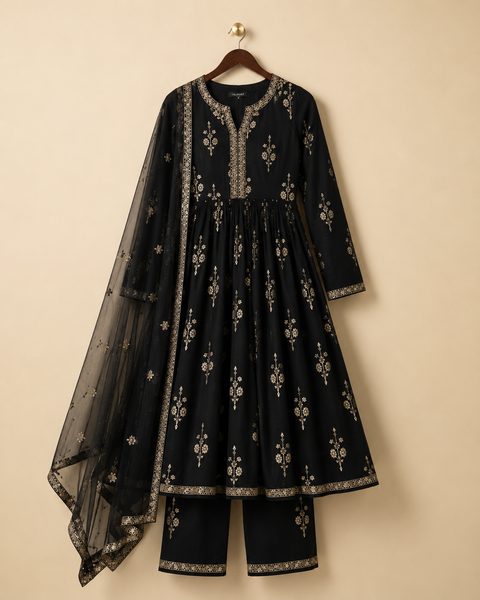 Black Embroidered Anarkali Suit Set with Dupatta