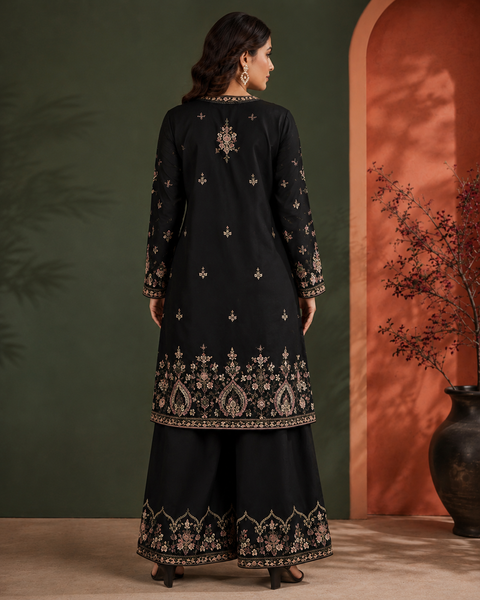 Black Embroidered Jacket &amp; Palazzo Set