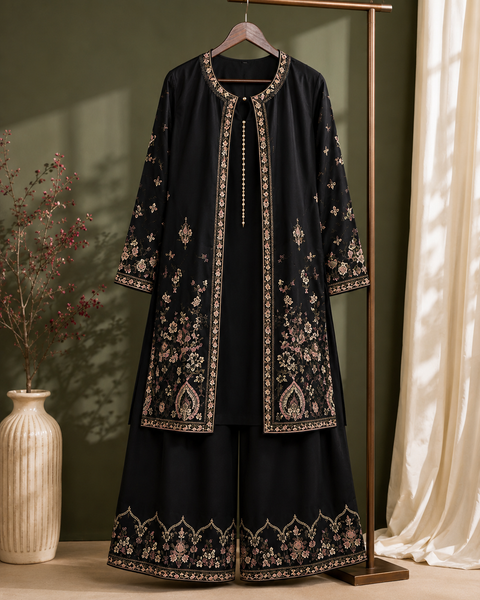 Black Embroidered Jacket &amp; Palazzo Set