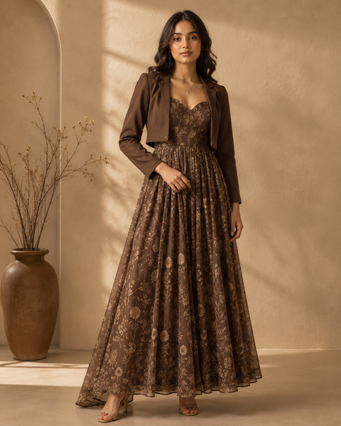 Brown Floral Print Maxi Dress with Cropped Blazer