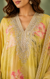 Yellow Floral Printed Kaftan Suit Set