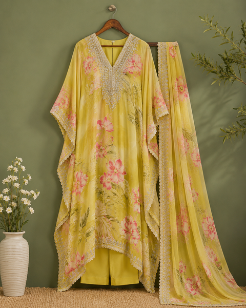 Yellow Floral Printed Kaftan Suit Set