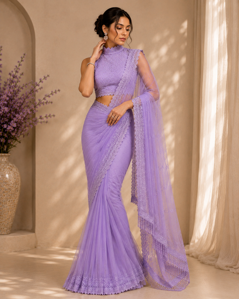 Lavender Whisper Lace Designer Saree