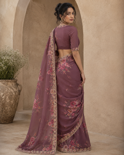 Mauve Blossom Printed Designer Saree