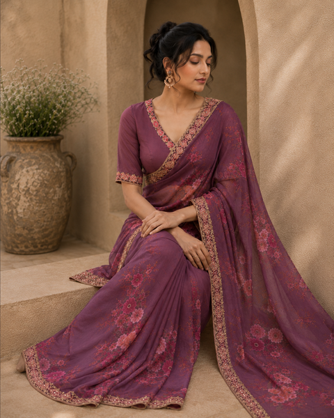 Mauve Blossom Printed Designer Saree