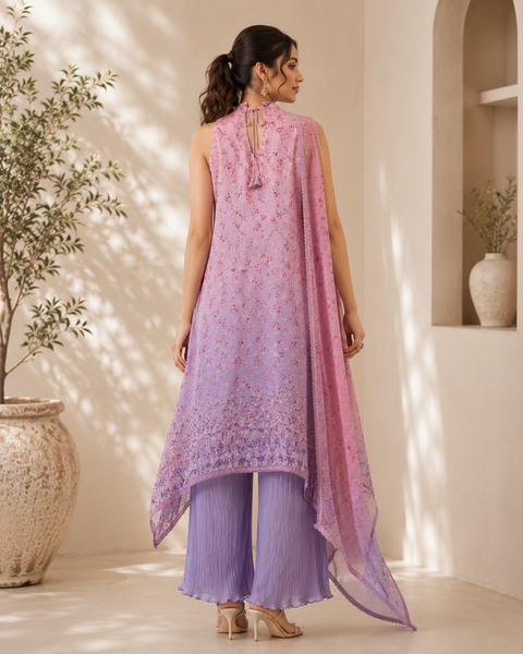Lavender Floral Printed Halter Kurta Set with Dupatta