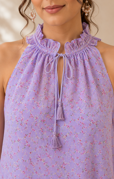 Lavender Floral Printed Halter Kurta Set with Dupatta