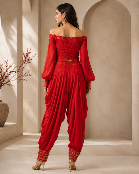 Scarlet Royale Off-Shoulder Dhoti Co-Ord Set