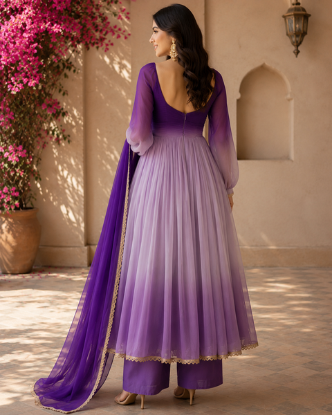 Purple Ombre Anarkali Suit Set with Palazzo &amp; Embroidered Dupatta