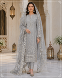 Silver Grey Embroidered Pakistani Suit with Luxury Net Dupatta