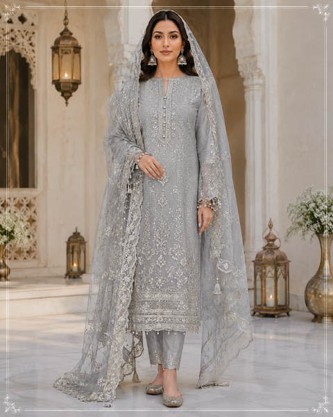 Silver Grey Embroidered Pakistani Suit with Luxury Net Dupatta