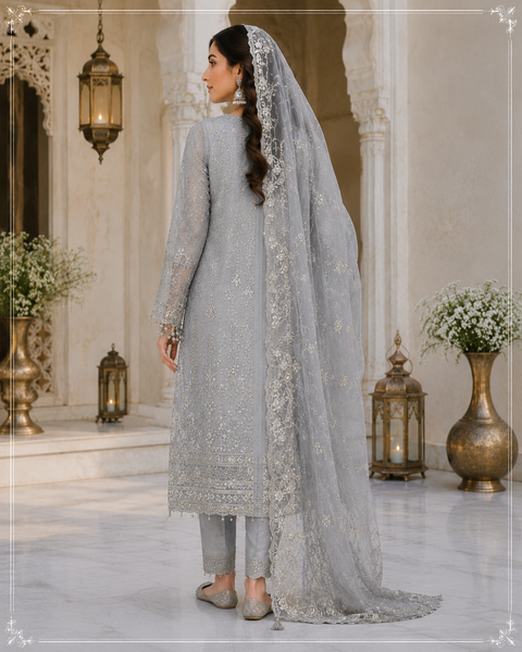 Silver Grey Embroidered Pakistani Suit with Luxury Net Dupatta