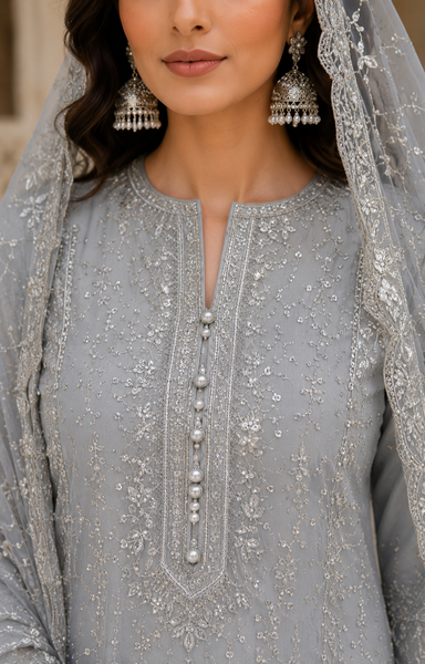 Silver Grey Embroidered Pakistani Suit with Luxury Net Dupatta
