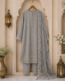 Silver Grey Embroidered Pakistani Suit with Luxury Net Dupatta