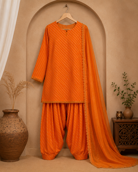 Orange Embellished Patiala Suit with Matching Dupatta,