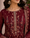 Maroon Embroidered Peplum Suit with Premium Net Dupatta