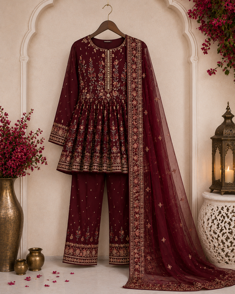 Maroon Embroidered Peplum Suit with Premium Net Dupatta