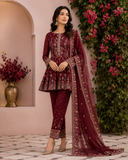 Maroon Embroidered Peplum Suit with Premium Net Dupatta