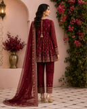Maroon Embroidered Peplum Suit with Premium Net Dupatta
