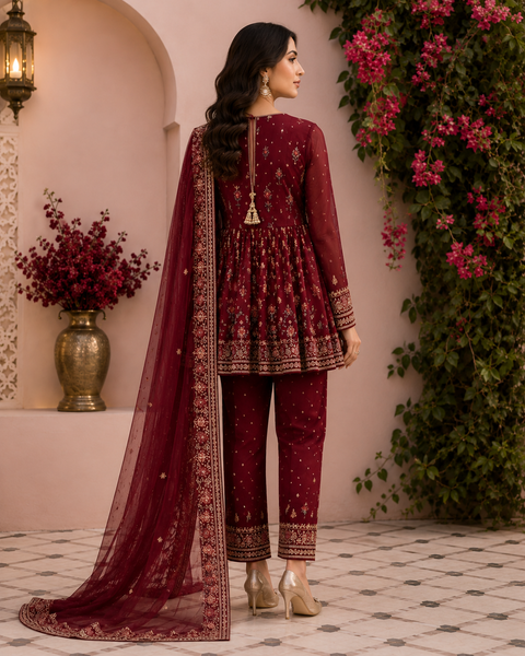 Maroon Embroidered Peplum Suit with Premium Net Dupatta