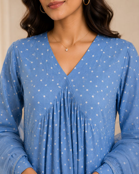 Sky Blue Polka Dot Straight Suit with Soft Net Dupatta