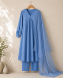 Sky Blue Polka Dot Straight Suit with Soft Net Dupatta