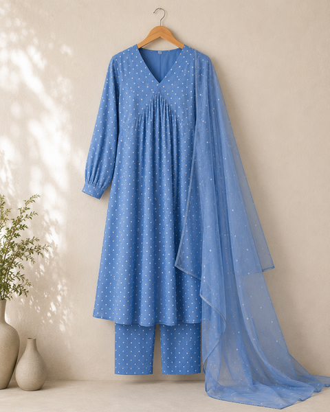 Sky Blue Polka Dot Straight Suit with Soft Net Dupatta