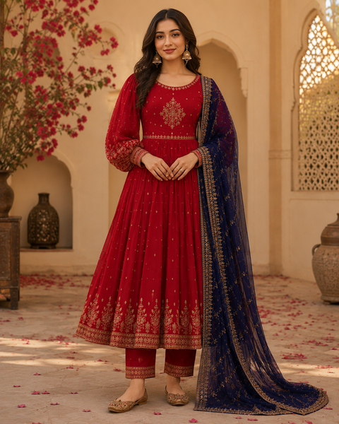 Red Embroidered Anarkali Suit Set with Navy Blue Embroidered Dupatta