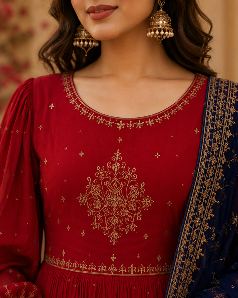 Red Embroidered Anarkali Suit Set with Navy Blue Embroidered Dupatta