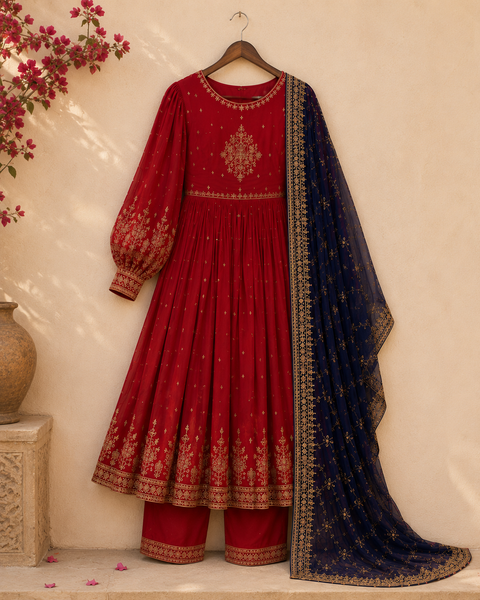 Red Embroidered Anarkali Suit Set with Navy Blue Embroidered Dupatta