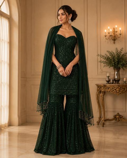 Emerald Green Sequined Sharara Suit with Embellished Dupatta