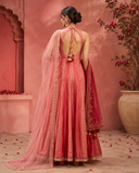 Blush Pink Halter Neck Anarkali Gown with Embroidered Dupatta