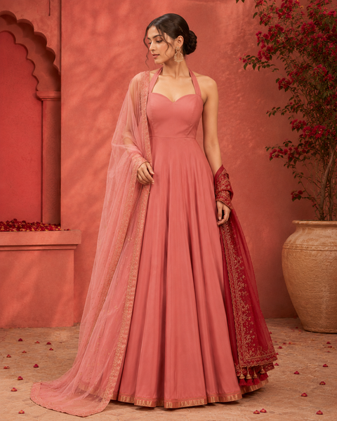 Blush Pink Halter Neck Anarkali Gown with Embroidered Dupatta