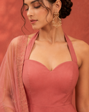 Blush Pink Halter Neck Anarkali Gown with Embroidered Dupatta