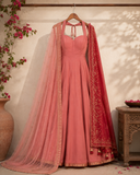 Blush Pink Halter Neck Anarkali Gown with Embroidered Dupatta