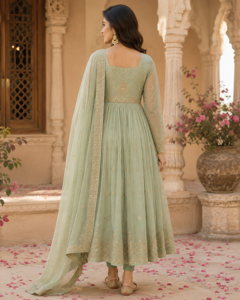 Mint Green Embroidered Anarkali Suit Set with Matching Dupatta