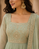 Mint Green Embroidered Anarkali Suit Set with Matching Dupatta