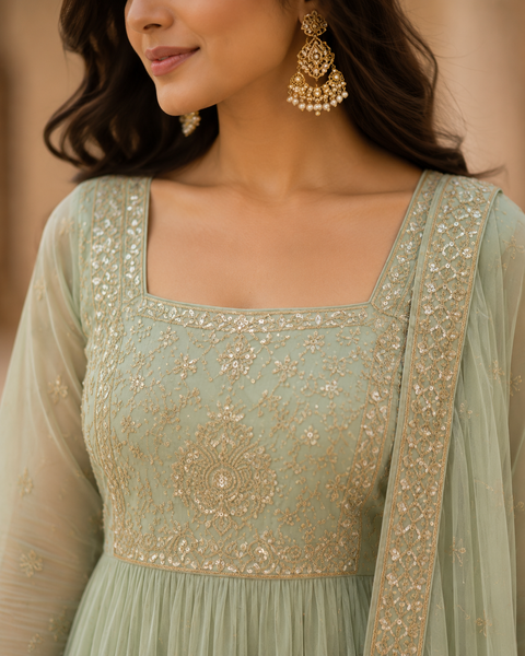 Mint Green Embroidered Anarkali Suit Set with Matching Dupatta