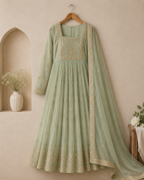 Mint Green Embroidered Anarkali Suit Set with Matching Dupatta