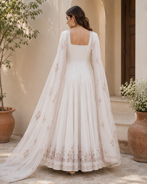 Ivory White Floral Embroidered Anarkali Suit Set with Embroidered Dupatta