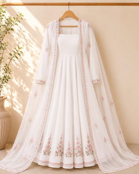 Ivory White Floral Embroidered Anarkali Suit Set with Embroidered Dupatta
