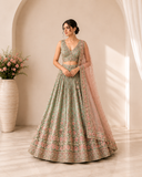 Mint Green Floral Embroidered Designer Lehenga Set with Blush Pink Net Dupatta