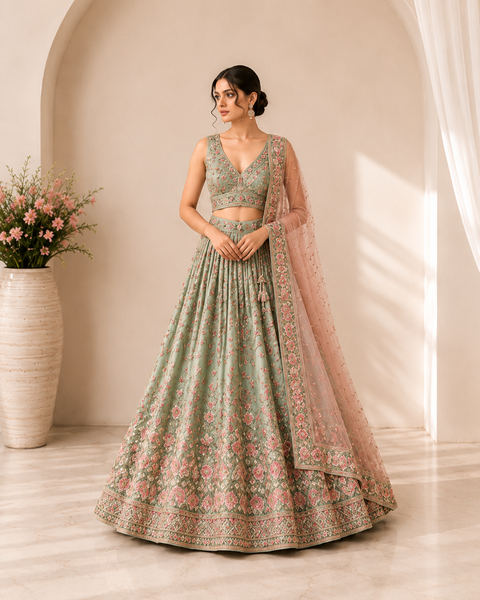 Mint Green Floral Embroidered Designer Lehenga Set with Blush Pink Net Dupatta